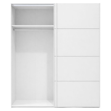 Armario blanco con puertas correderas y interior con estantes y barra de colgar