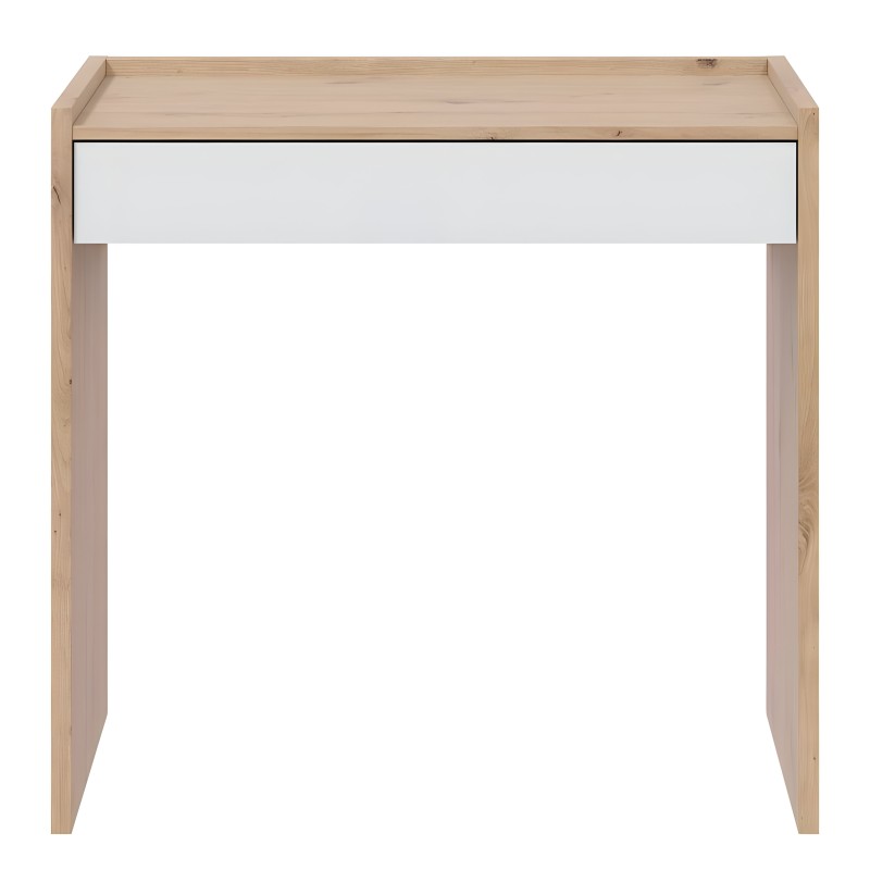 Escritorio de madera natural con cajón blanco y estructura de pino macizo vista frontal
