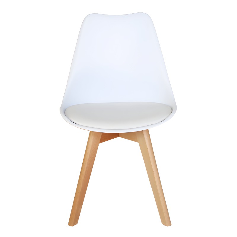 Silla blanca con asiento tapizado y patas de madera natural estilo nórdico