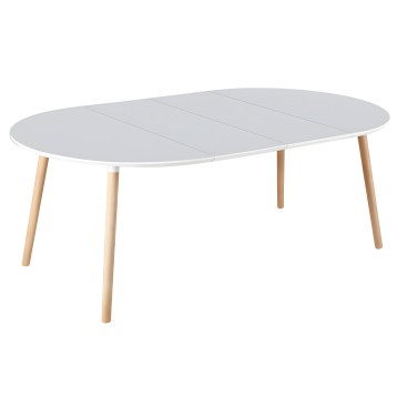 Mesa de comedor ovalada extensible blanca con tablero gris y patas de madera natural