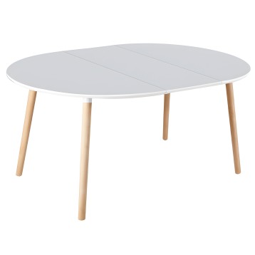 Mesa de comedor ovalada extensible con tablero gris claro y patas de madera natural