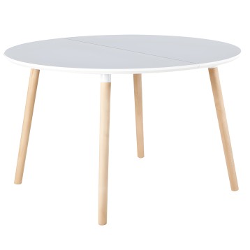 Mesa redonda extensible blanca con tablero gris y patas de madera natural