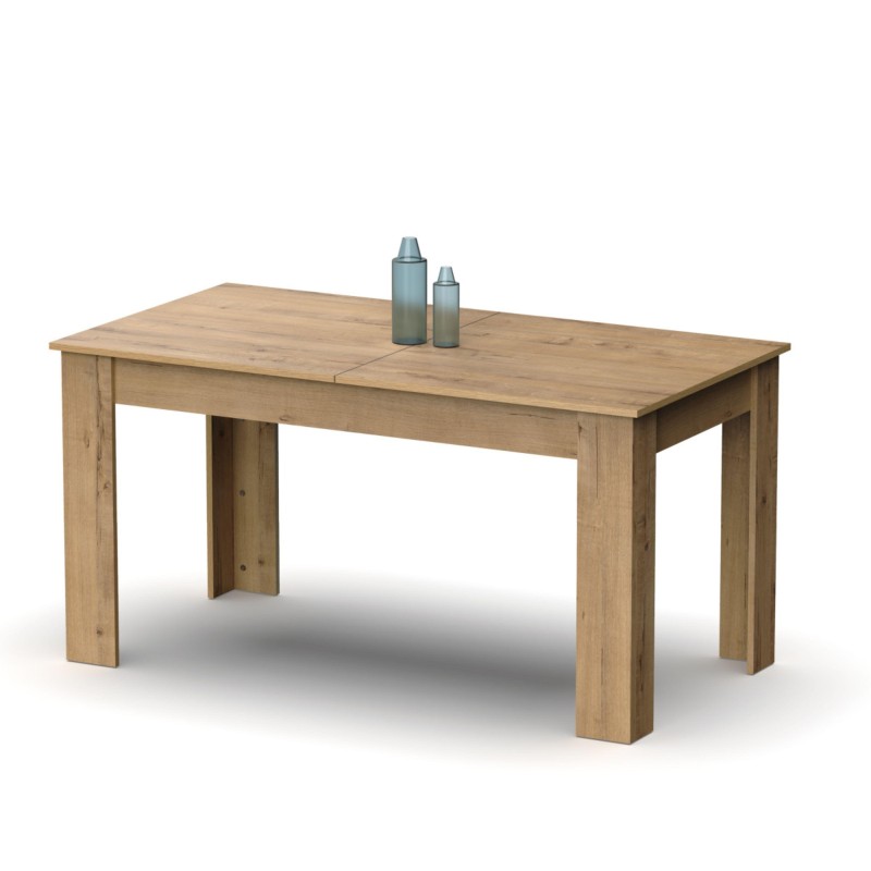 Mesa de comedor rectangular extensible en madera clara con patas macizas y tablero divisible