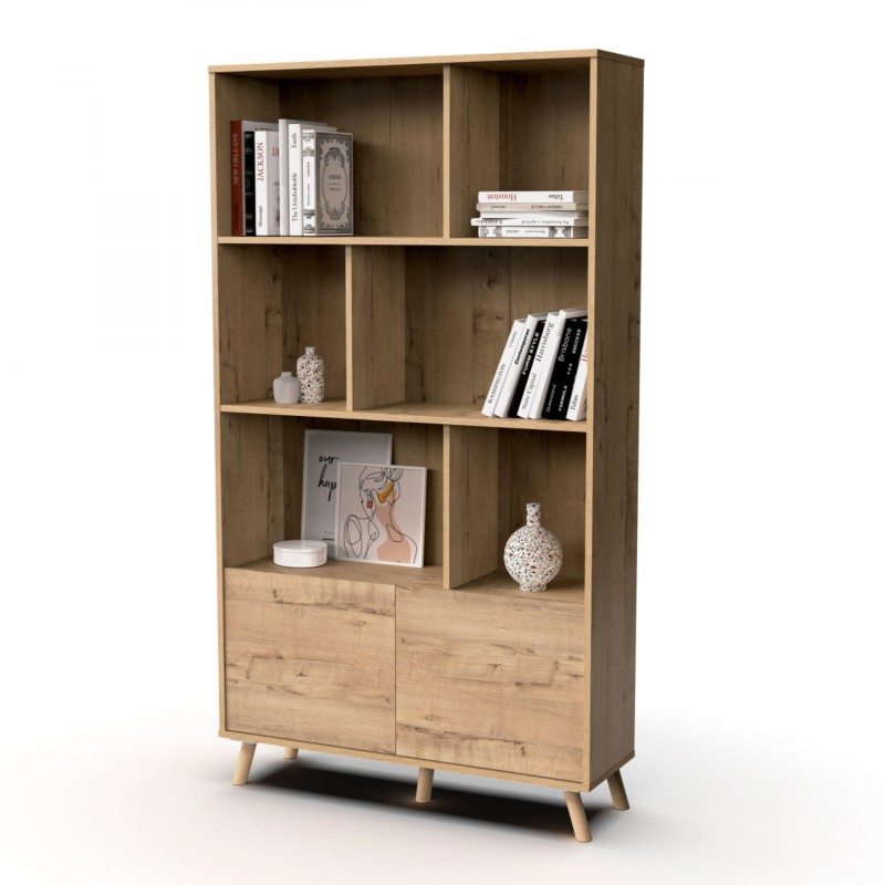 Estantería de madera con 6 compartimentos abiertos y 2 puertas inferiores. Diseño moderno con patas de madera y acabado natural 