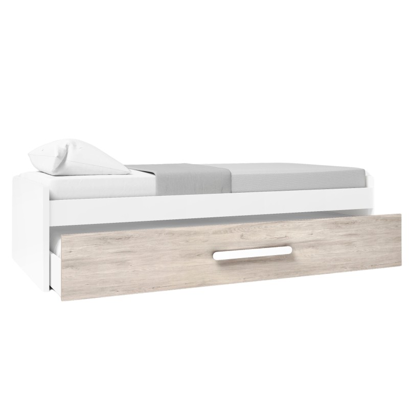 Cama nido blanca y madera clara con cajón inferior y colchón gris vista lateral