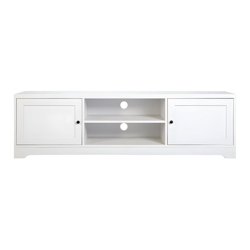Mueble TV blanco con dos puertas laterales y centro abierto con dos estantes y orificios para cables