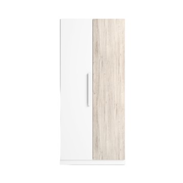 Armario de dos puertas blanco y madera clara con tirador metálico frontal