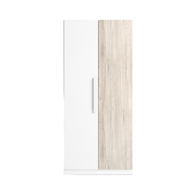 Armario de dos puertas blanco y madera clara con tirador metálico frontal