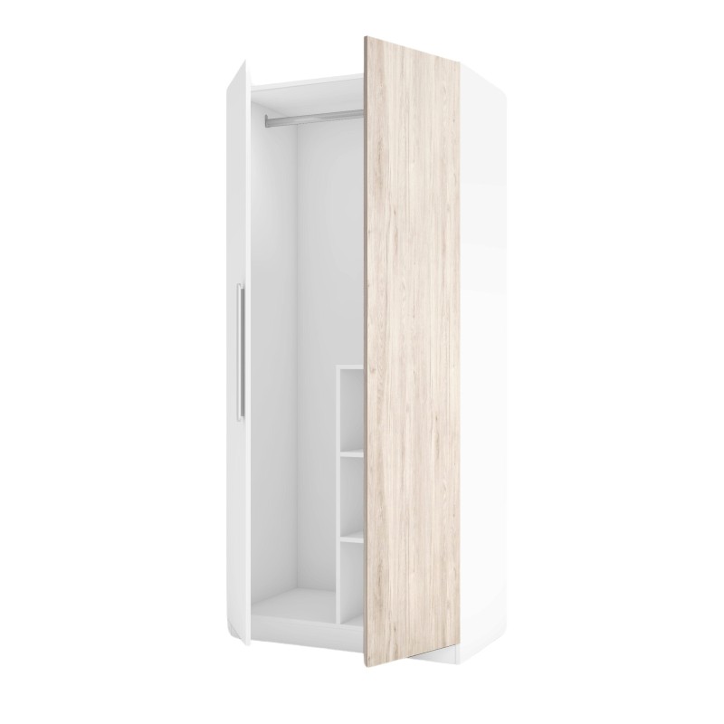 Armario blanco con puerta efecto madera clara y interior con barra de colgar y estantes