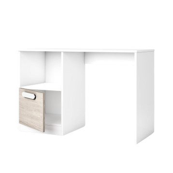 Escritorio blanco con cajón de madera clara y espacios de almacenamiento abiertos vista frontal