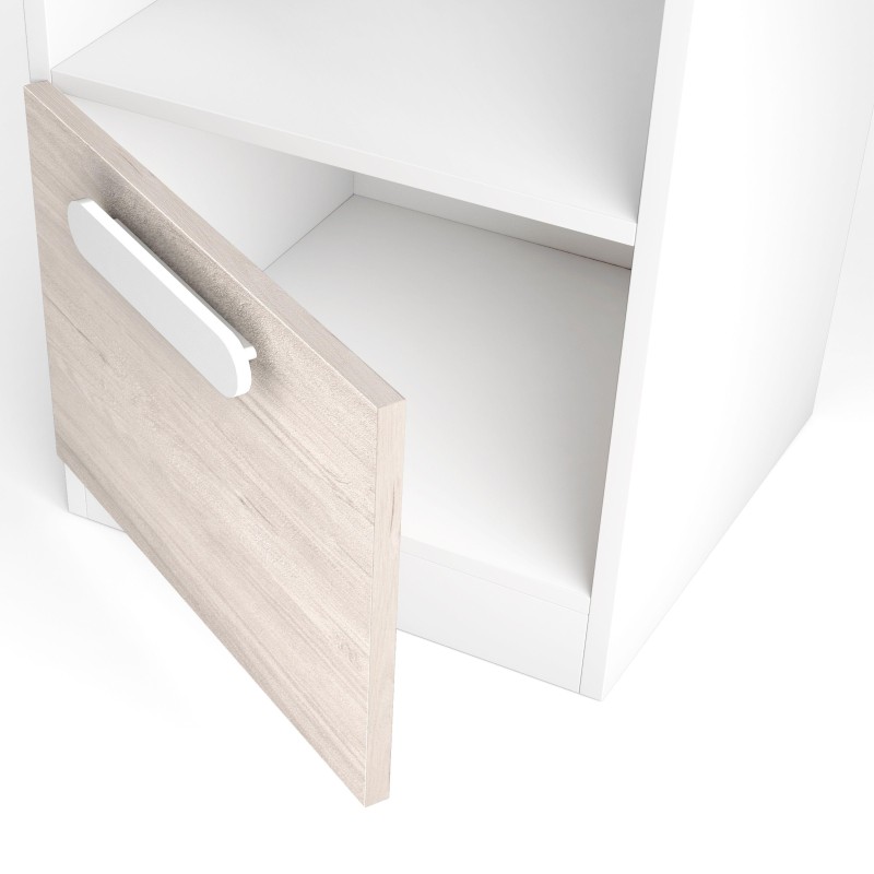 Mueble auxiliar blanco y madera clara con cajón abierto y asa integrada vista frontal