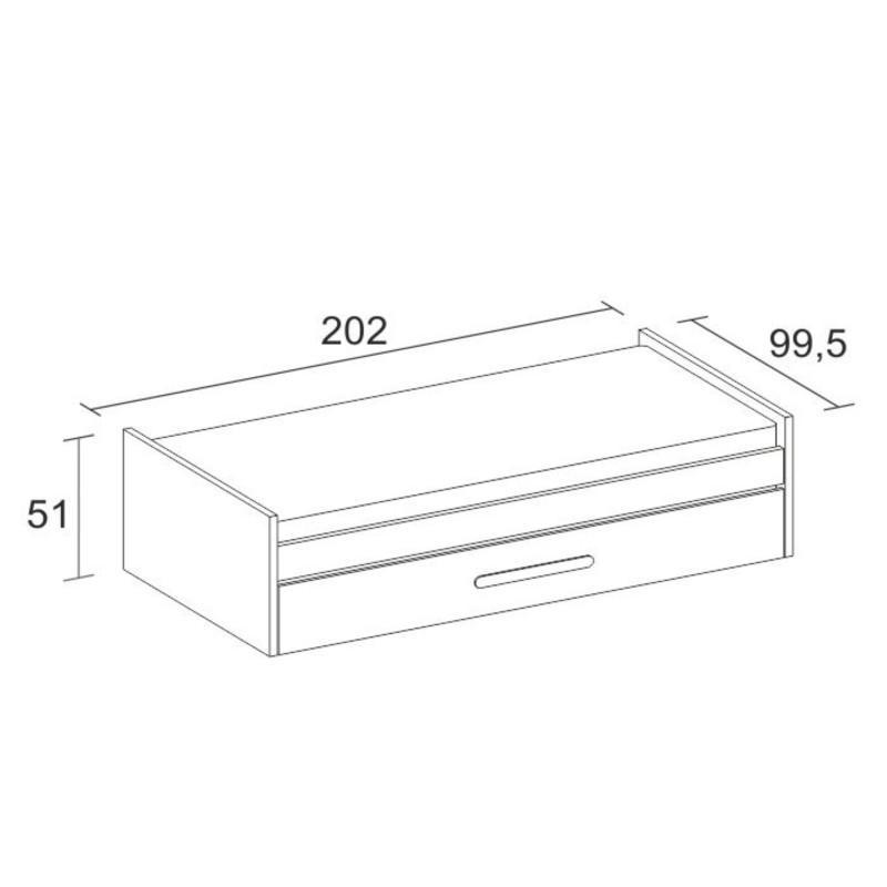 Cama individual con cajón de almacenamiento frontal y estructura de madera clara vista en perspectiva técnica