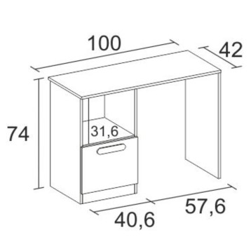 Escritorio con cajón frontal y estructura con compartimento interior vista en plano técnico