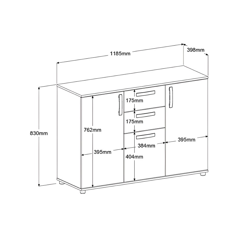 Mueble auxiliar bajo con cubierta y puertas con tiradores y tres cajones en vista técnica de dimensiones
