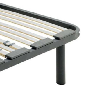 Base tapizada gris oscuro con somier de láminas de madera y patas cilíndricas metálicas