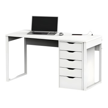 Escritorio blanco con cinco cajones y repisa lateral para oficina o estudio con laptop y accesorios