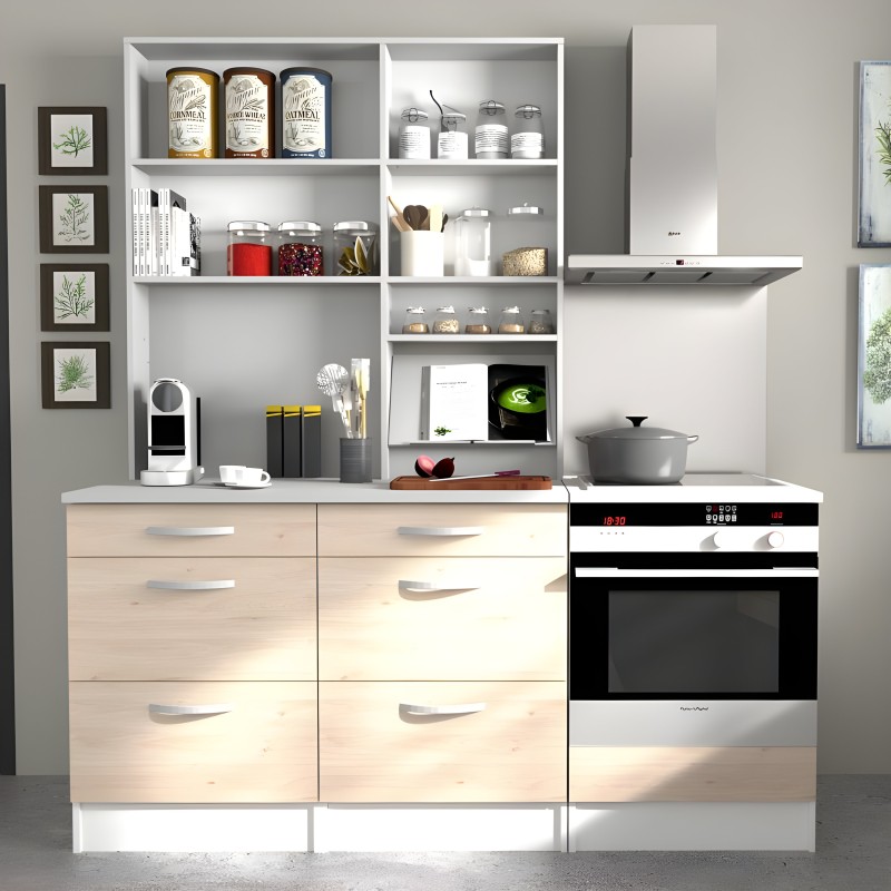 Cocina modular con muebles base en madera clara y estantería mural blanca con compartimentos para almacenaje y decoración