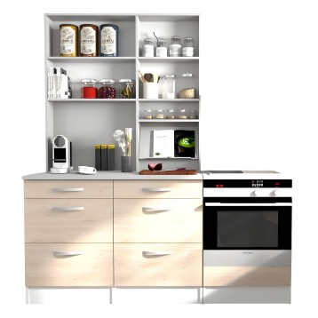 Mueble de cocina modular con estantes blancos y base de madera clara con cajones y horno integrado