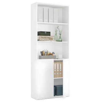 Estantería blanca modular con compartimentos abiertos y armario inferior con puertas de madera y cristal decorativa