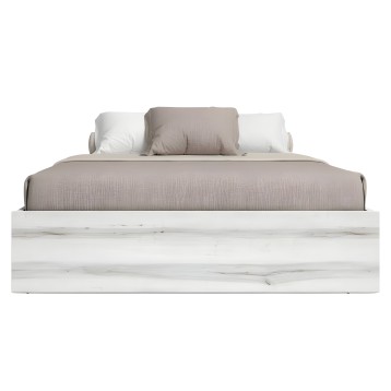 Cama con estructura blanca efecto madera y colchón tapizado en beige con almohadas decorativas blancas y beige
