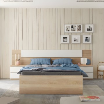 Cama matrimonial con cabecero integrado en madera clara y blanco y almacenamiento lateral en dormitorio moderno