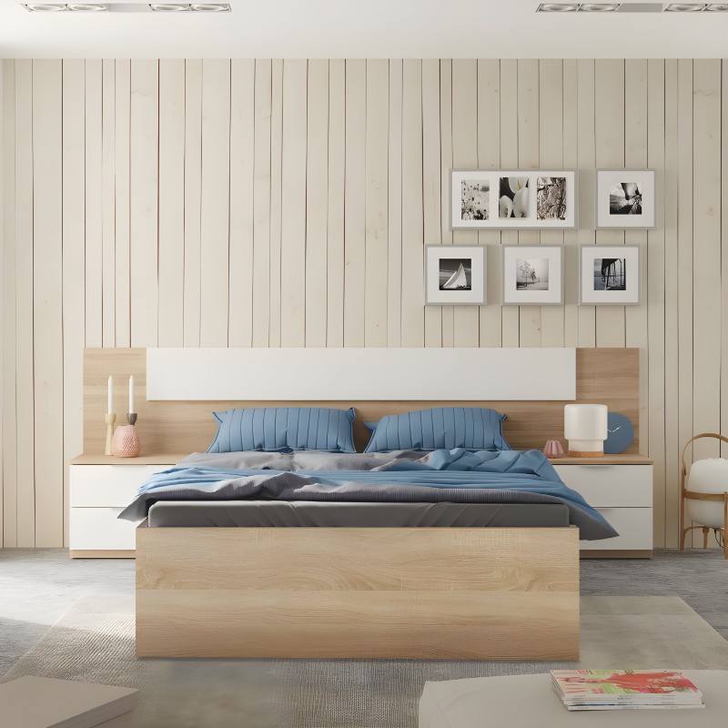 Cama matrimonial con cabecero integrado en madera clara y blanco y almacenamiento lateral en dormitorio moderno
