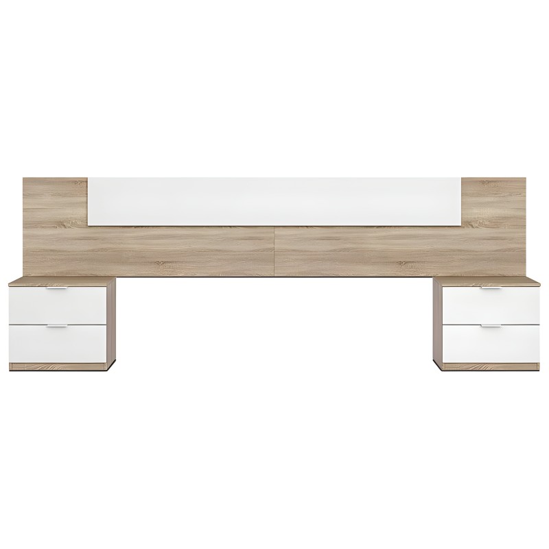 Cabecero de cama matrimonial en madera natural y blanco con mesitas laterales incorporadas y almacenaje