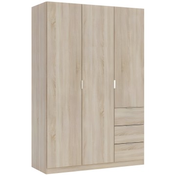 Armario de madera clara con tres puertas abatibles y tres cajones laterales inferiores