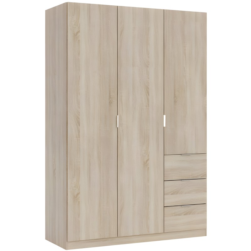 Armario de madera clara con tres puertas abatibles y tres cajones laterales inferiores