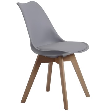 Silla de diseño moderno gris con asiento acolchado y patas de madera natural