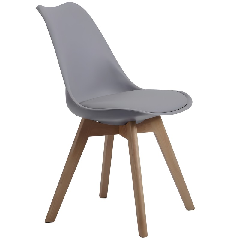 Silla de diseño moderno gris con asiento acolchado y patas de madera natural