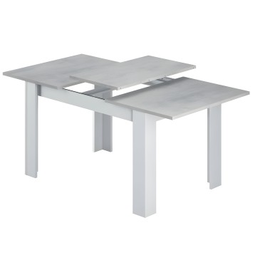 Mesa de comedor extensible blanca y gris con tablero abatible y patas cuadradas