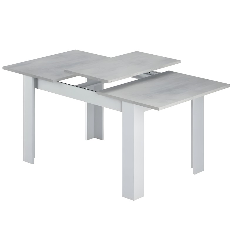 Mesa de comedor extensible blanca y gris con tablero abatible y patas cuadradas