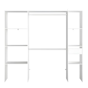 Armario modular blanca con tres columnas y múltiples compartimentos abiertos y puertas correderas