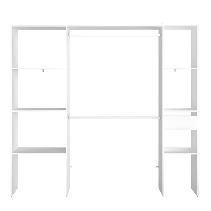 Armario modular blanca con tres columnas y múltiples compartimentos abiertos y puertas correderas