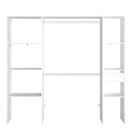 Armario modular blanca con tres columnas y múltiples compartimentos abiertos y puertas correderas