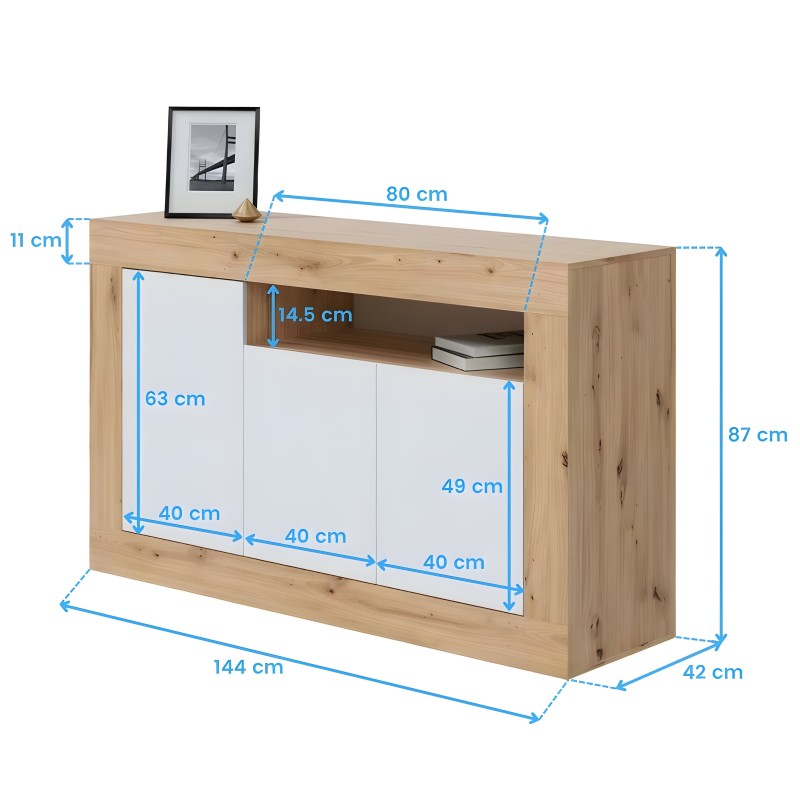 Aparador madera natural con puertas blancas y estante abierto vista de producto con dimensiones
