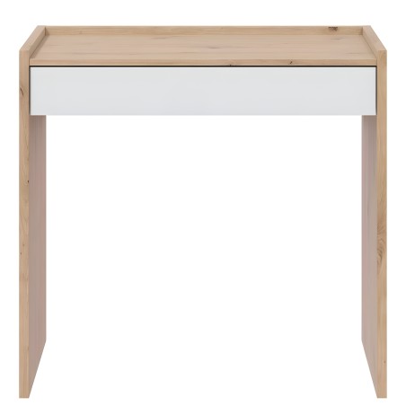 Escritorio compacto de madera clara con cajón blanco y estructura de pino natural