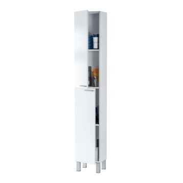 Columna de baño blanca y gris con estantes abiertos y puerta inferior con productos de aseo