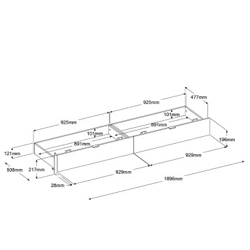 Cama con estructura metálica y cajones de almacenamiento integrados vista en perspectiva técnica con dimensiones