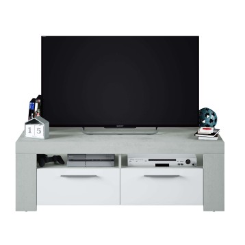 Mueble TV gris y blanco con dos cajones y espacios abiertos para consolas y equipos de entretenimiento
