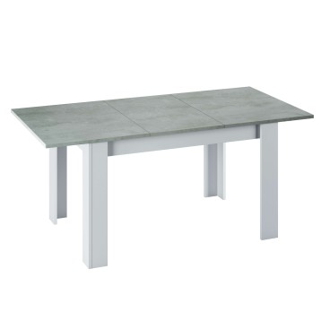 Mesa de comedor extensible con tablero gris cemento y estructura blanca con patas cuadradas