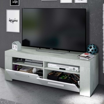 Mueble TV blanco con cajones y estantes abiertos para almacenamiento y consolas en ambiente de sala