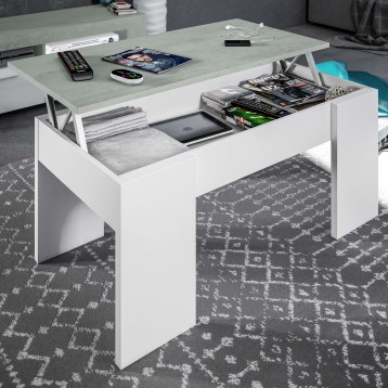 Mesa de centro blanca con tapa gris y almacenamiento elevable para sala de estar