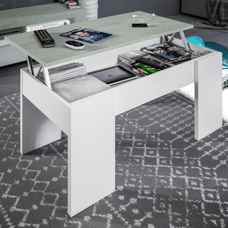 Mesa de centro blanca con tapa gris y almacenamiento elevable para sala de estar