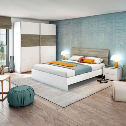 Dormitorio completo con cama blanca y madera y armario corredera blanco en ambiente moderno