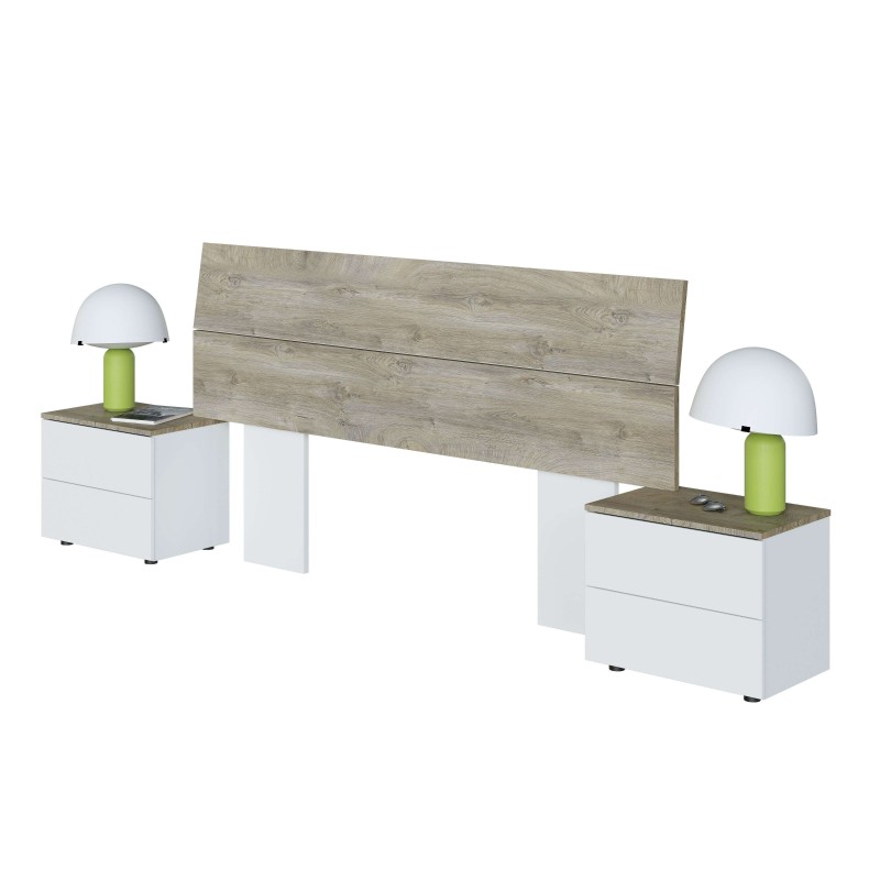 Cama matrimonial con cabecero de madera clara y mesitas blancas con lámparas verdes vista frontal de ambiente