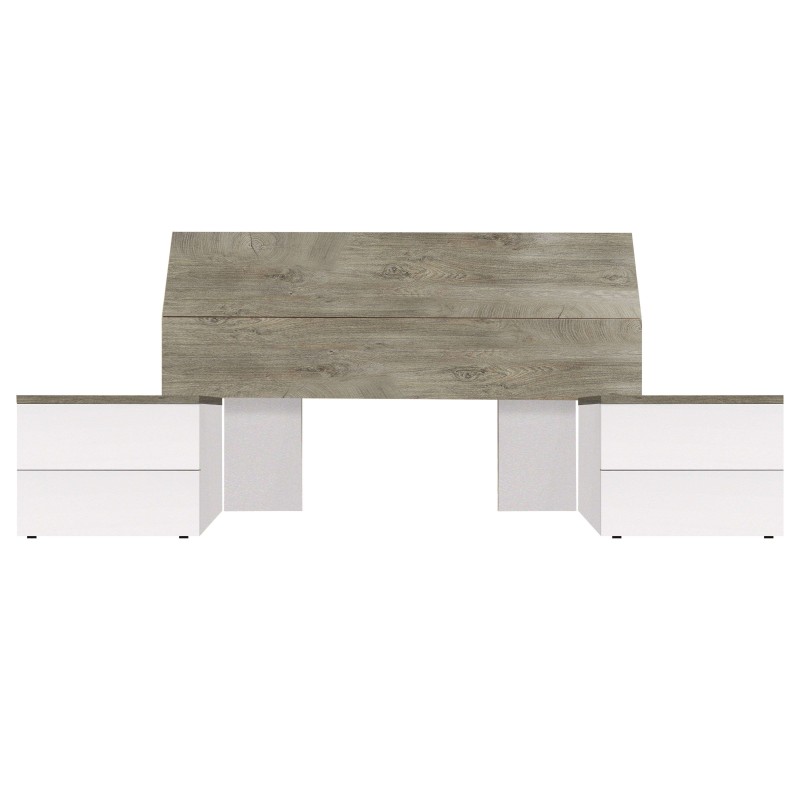Cama matrimonial con cabecero tablero en madera gris y estructura blanca con cajoneras laterales vista frontal