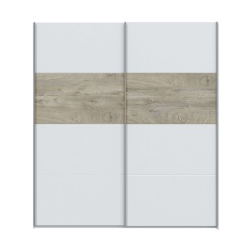 Armario de dos puertas correderas con paneles blancos y franja central en madera natural