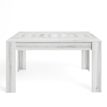 Mesa comedor rectangular madera blanca con patas robustas y tablero laminado texturizado